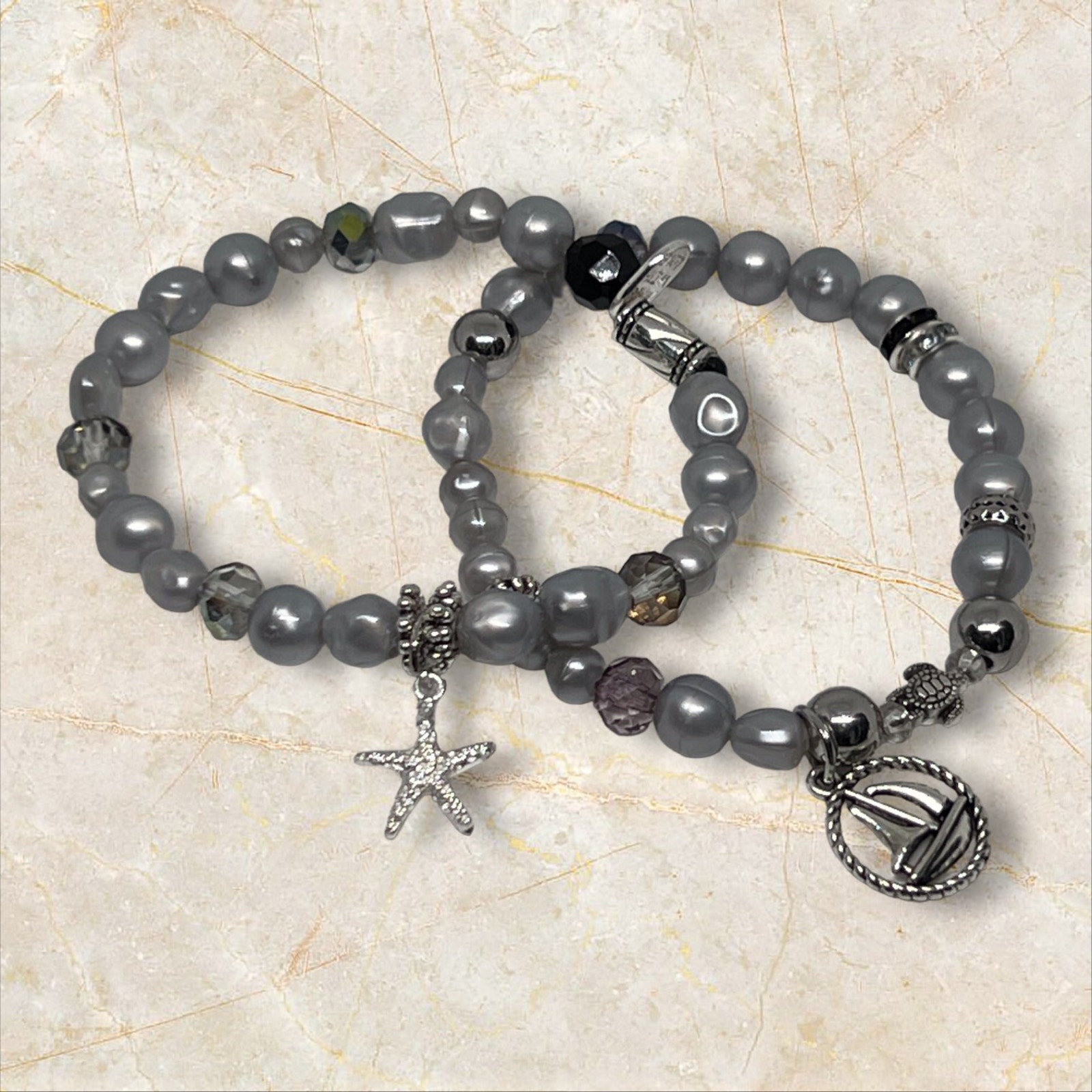 Silver Stretch Beachy Unique Handmade Bracelet Set Charm Unique Design